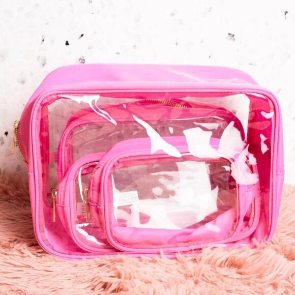 TRAVEL TIME Pink and Clear 4 Piece Travel & Makeup Pouch Set NWT - Picture 2 of 2